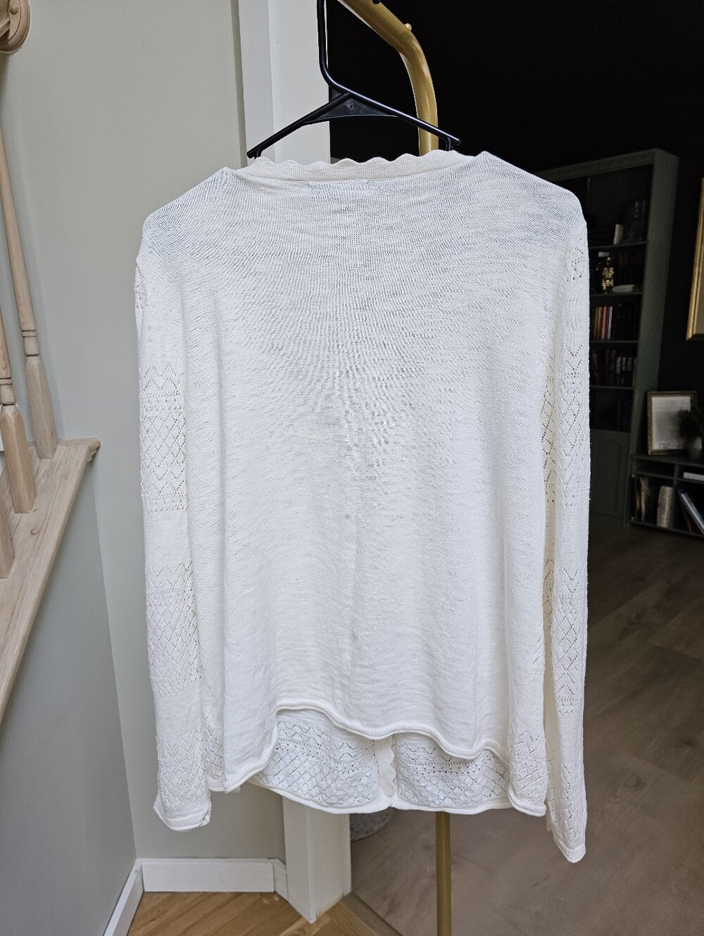 Frye Ivory Pointelle Cotton Cardigan Sweater Scalloped Hem Button Up XL - Picture 10 of 11